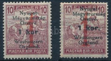 Nyugat-Magyarország VI. 1921 1K/10f törött 1-es tévnyomattal, Bodor vizsgálójellel + támpéldány