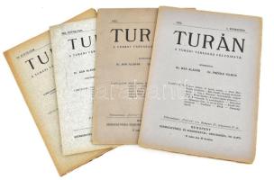 1922-1926 Turán 4 száma (1922 I. és II. évnegyed, 1925 VIII. évf. I-IV., 1926 IX. évf. I-II.) A Turáni Társaság folyóirata.