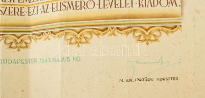 1943 vitéz Horthy István magyar állami vas, acél és gépgyár elismerő emléklap címeres grafikával, Bo...