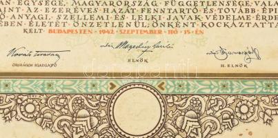 1942. "Nemzetvédelmi Kereszt" kitüntetésnek adományozói oklevele, az "Országos Nemzet...