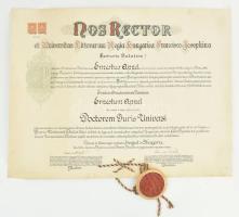 1929 Szeged, Ferenc József tudományegyetem jogi diploma Appel Ernő részére, függő viaszpecséttel.