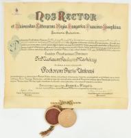 1930 Szeged, Ferenc József tudományegyetem jogi diploma Markóczy Miklós Pál részére, függő viaszpecséttel.