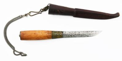 Kézzel készített vadászkés. Fa, réz, acél, kovácsolt pengével. 20 cm, bőr tokkal
