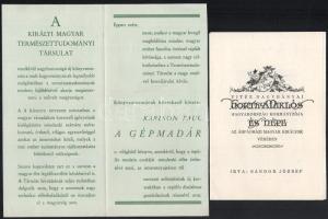 cca 1940 5 db reklám nyomtatvány: Sándor József: vitéz Nagybányai Horthy Miklós Magyarország kormányzója és népe az Árpádházi magyar királyok vérében 4 oldalas bemutató nyomtatvány, M. kir Természettudományi Társulat reklám nyomtatvány, Eternit, Országos Gyermek- és Családvédelmi kiállítás, Magyar Villamos Szövetség.