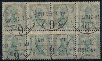 1900 Turul 3K 8-as tömb csillagvízjellel (hiányzó fogak) / Mi 69 block of 8, star in the watermark (missing perfs)