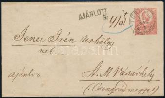 1874 Ajánlott 5kr díjjegyes boríték 10kr díjkiegészítéssel, a bélyeg látványosan elfogazva! / 10kr with shifted perforation on registered 5kr PS-cover "TURKEVE / N. KUNSÁG"