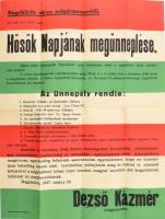 1937 Nagykőrös Hősök emlékünnepe megünneplésére felhívó nemzetiszín plakát 82x44cm Hajtva