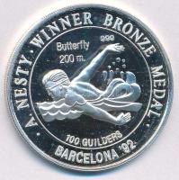 Suriname 1992. 100G Ag Anthony Nesty bronzérme 200 méteres pillangóúszásban az 1992-es Olimpián T:PP Suriname 1992. 100 Guilders Ag Bronze Medal 200m Butterfly for Anthony Nesty on 1992 Olympic Games C:PP Krause KM#42.2a