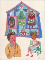 Azonosítatlan jelzéssel: 5 db mese illusztráció, Akvarell, papír, jelzett. 40x30 cm