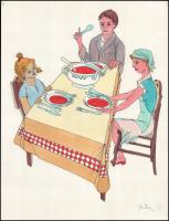 Azonosítatlan jelzéssel: 5 db mese illusztráció, Akvarell, papír, jelzett. 40x30 cm