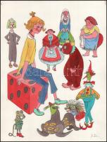 Azonosítatlan jelzéssel: 5 db mese illusztráció, Akvarell, papír, jelzett. 40x30 cm