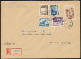 1955 Ajánlott levél 3 db Épületek és 2 db illetékbélyeggel / Registered cover with postal and fiscal...