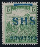 SHS 1918 Arató 5f normál helyett világoskék felülnyomással / Mi 68 with light blue overprint. Signed: Bodor. Certificate: Zrinjscak