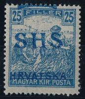 SHS 1918 Arató 25f normál helyett világoskék felülnyomással / Mi 73 with light blue overprint. Signed: Bodor. Certificate: Zrinjscak