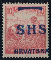 SHS 1918 Arató 10f elcsúszott felülnyomással / Mi 70 with shifted overprint. Signed: Bodor. Certificate: Zrinjscak