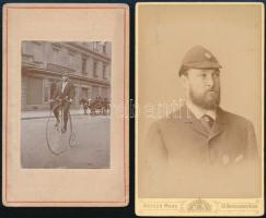 cca 1890 Velocipéden közlekedő bicikliversenyző és portréja. két vizitkártya