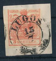 1850 3kr HP III felül levágva, 2 látványos papírránccal LUGOS