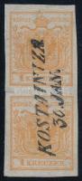 1850 1kr barnásnarancs függőles pár selyem papíron, gépszinátnyomattal/ brownorange vertical pair on thin paper, with machine offset KOSTAINIZA