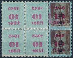 1946 Betűs Tl.2./10f/4f 8-as tömb gépszínátnyomattal és papírránccal / Mi 866 block of 4 with machine offset and paper crease