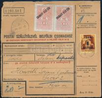 1945 (3. díjszabás) Kedvezményes csomagszállító 20 kg-ig postai alkalmazottnak, 3 db okmánybélyeggel / Discounted parcel card with fiscal stamps CSORVÁS