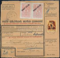 1945 (3. díjszabás) Kedvezményes csomagszállító 20 kg-ig postai alkalmazottnak, 3 db okmánybélyeggel / Discounted parcel card with fiscal stamps &quot;CSORVÁS&quot;