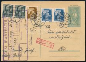 1945 (2. díjszabás) Cenzúrázott levelezőlap 5 db infláció előtti bélyeggel / Censored postcard with 5 stamps