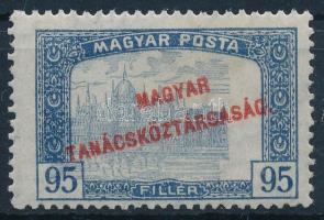 1919 Magyar Tanácsköztársaság 95f látványosan eltolódott középrésszel / Mi 278 with shifted middle part