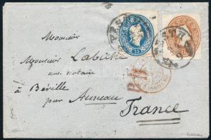 1861 Szép kis alakú levél 10kr és 15k bélyeggel Franciaországba küldve / 10kr + 15kr on cover to France PESTH