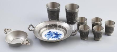 9 darab ón dísztárgy, közte porcelánbetétes kínáló, vegyes méretben.