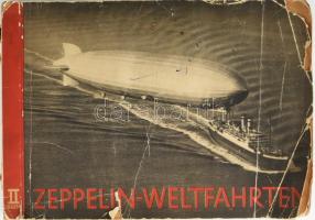 1933 Zeppelin-Weltfahrten II. Vom ersten Luftschiff 1899 bis zu den Fahrten des LZ 127 "Graf Zeppelin" 1932. Dargestellt in einer Sammlung von 264 echten Bromsilber-Bildern und einem Metallfolie-Bild der Weltflug-Gedenkmunze. Dresden, 1933, Bilderstelle Lohse-ny., 1 (Ferdinand Graf von Zeppelin) t+7 sztl. lev.+39 t. + 4 (térkép) t.+1(táblázat)+2 (Zeppelin rajz és keresztmetszet) t. Német nyelvű cigarettakártya gyűjtemény, 264 gyűjthető képpel. Kiadói harántalakú papírkötésben, 15 kép hiánnyal, néhány képen firkákkal, sérült borítóval, egy két lap széle szintén sérült, az egyik műmellékelten beszakadás. / 1933 Zeppelin-Weltfahrten. Cigarette card album, worn cover, with pen notes, on some photos, 15 photos missing.