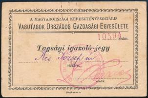 cca 1930-1940 A Magyarországi Keresztényszociális Vasutasok Országos Gazdasági Egyesület tagsági jegye