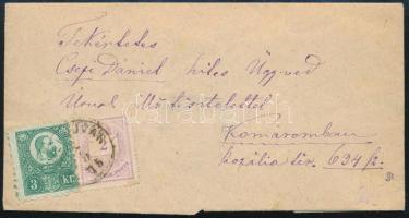 1875 Réznyomat 3kr és Színesszámú 2kr vegyes bérmentesítés levélen (100.000) / Mi 9 + 15 mixed franking on cover ÉRSEKÚJVÁR - RÉV.KOMÁROM