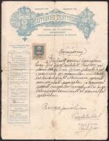 1912 Pécs, Ruepprecht Testvérek harang-, érc és vasöntöde, malomépítészet, tűzoltószerek, szivattyú- és gépgyár fejléces munkáltatói igazolás (bizonyítvány), Rudle Ignácz aláírással, 30f okmánybélyeggel. Kissé sérült, foltos.