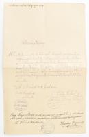 1888 Balatonköves-Csopak-Paloznak ev. reform gyülekezet bizonyítványa Kajári Dezső tanító részére, többek közt Pálfy Gábor lekész és Hetessy Zsigmond (1864-) helyettes lelkész autográf aláírásaival, bélyegzőkkel.