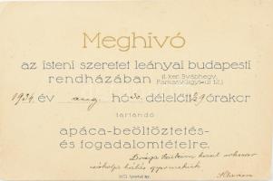 1934 meghívó az isteni szeretet leányai budapesti rendházában tartandó apáca-beöltöztetés- és fogadalomtételre.