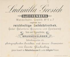 1889 Gleichenberg, Ludmilla Geosich játék-, bőr-. bizsu, üveg stb. kereskedő reklámkártyája, hátoldalán német ny. jegyzékkel, többek közt babáról, hajtásnyommal, néhány apró folttal