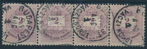 1881 2kr négyescsík, balról a 3. bélyegen javítás a kürt alatt, lent karc (ex Lovász)