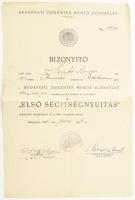 1932 Budapesti Önkéntes Mentő Egyesület, bizonyító (bizonyítvány) első segítségnyujtásról, fejléces papíron, hajtásnyomokkal, szakadásokkal.