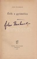 Steinbeck, John: Érik a gyümölcs. (John Steinbeck által aláírt példány.) Fordította és az utószót írta Benedek Marcell. (John Steinbeck által aláírt példány.) Budapest, 1961. Európa Könyvkiadó (Franklin-nyomda). 550 + [2] p. A címoldalon a szerző saját kezű aláírása, melyet szokásához híven filctollal írt. John Steinbeck klasszikus regénye eredeti nyelven először 1939-ben jelent meg, ,,The Grapes of Wrath címmel, magyar fordítása 1945-ben látott napvilágot. A kötetet John Steinbeck feltehetően 1963. decemberi látogatásán látta el aláírásával: a szerző 1963. december 4-én érkezett hazánkba, a Magyar Írószövetség meghívására, és a kétnapos látogatás során több közönségtalálkozón is részt vett. (Milliók könyve.) Aranyozott, illusztrált kiadói vászonkötésben. Jó példány.