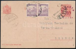 Baranya II. 1921 Ritka köznapi díjkiegészített díjjegyes levelezőlap Pécsről Zomborra / PS-card with additional franking. Signed: Bodor