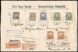 Baranya II. 1919 Ajánlott, expressz, cenzúrázott, hivatalos levél 7 db bélyeggel / Registered, express, censored, official cover with 7 stamps. PÉCS - Novi Sad. Signed: Bodor