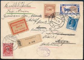 Szovjetunió 1928 Dekoratív ajánlott légi levél, továbbküldve Németországba / Registered airmail cover from Leningrad to Riga, redirected to Germany