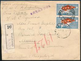 1927 Ajánlott levél, hátoldalán 3 db segélybélyeggel a vakok javára / Registered cover with charity stamps, from Vlagyivosztok to New York, RRR!
