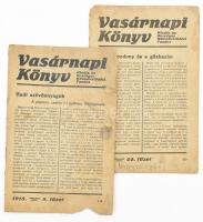 1918 Vasárnapi könyv, 2 száma, az egyikben: "A gőzmozdony és a gőzkazán" c. írással. A másik számban: "Hadi szövőanyagok" c. írással. Az egyik szám foltos, sérült.