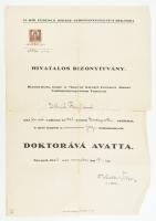 1933 Szegedi Tudományegyetem hivatalos bizonyítvány jogi doktorrá avatásról, Széki Tibor (1879-1950) rektor autográf aláírásával, fejléces papíron, 2 pengő okmánybélyeggel, szárazbélyegzővel, szakadásokkal.