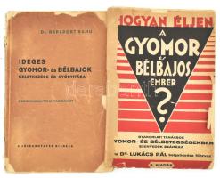 Lukács Pál: Hogyan éljen a gyomor- és bélbajos ember? Bp., én., Novák Rudolf. Kiadói papírkötés, sérült borítóval, javított gerinccel, a könyvtest elvált a borítótól, a könyvtest szétvált, és a lapok kijárnak, rossz állapotban. + Rapaport Samu: Ideges gyomor- és bélbajok keletkezése és gyógyítása. Pszichoanalitikai tanulmány. Bp., 1931, Lélekkutatás. Kiadói papírkötés, sérült borítóval és sérült, szétvált könyvtesttel, rossz állapotban.