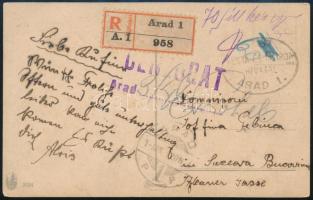 Arad 1920 Ajánlott képeslap 70f készpénzes bérmentesítéssel, cenzúrázva Bukowinába / Registered postcard with cash franking to Bukowina