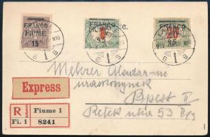 Fiume 1919 Expressz ajánlott képeslap 3 db bélyeggel Budapestre / Express registered postcard with 3 stamps to Budapest. Signed: Bodor