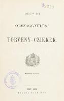 1865/7-ik évi országgyűlési törvény-czikkek. 2. kiad. Pest, 1969, Ráth Mór.; 1868-ik évi országgyűlési törvény-czikkek. 514 p+X.. Aranyozott vászonkötésen, volt könyvtári példány jó állapotban.