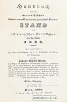 Handbuch über den montanistischen Staatsbeamten-Gewerken und gewerkschaftliche Beamtenstand des ősterreichischen Kaiserthums für das Jahr 1848. Wien, 1848, Ferdinand Ullrich. Kiadói egészvászon kötésben, jó állapotban. Az osztrák császárság, és benne Magyarország bányászati kézikönyve.Aranyozott egészvászon kötésben, szép állapotban